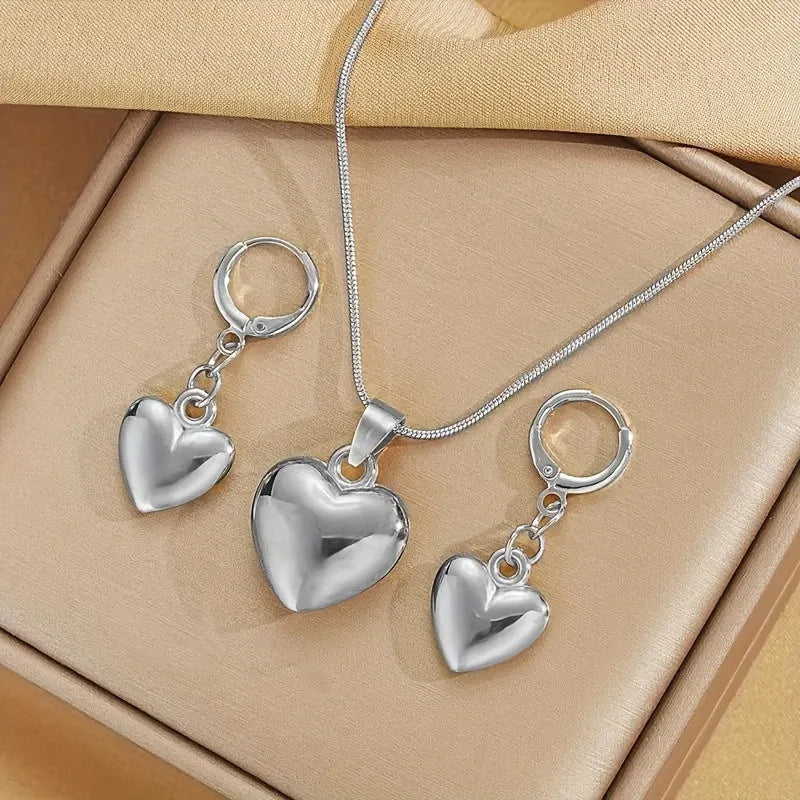 Vintage Simple Heart Shaped Pendant Necklace Earring Set Elegant Charm Smooth Metal Hoop Earrings Women&