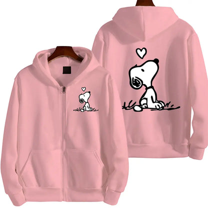 Snoopy Women Zip Up Hoodie Cartoon Anime Spring Autumn Men Oversized Sweatshirt 2024 New Fashion Khaki Couple Jackets Coats
