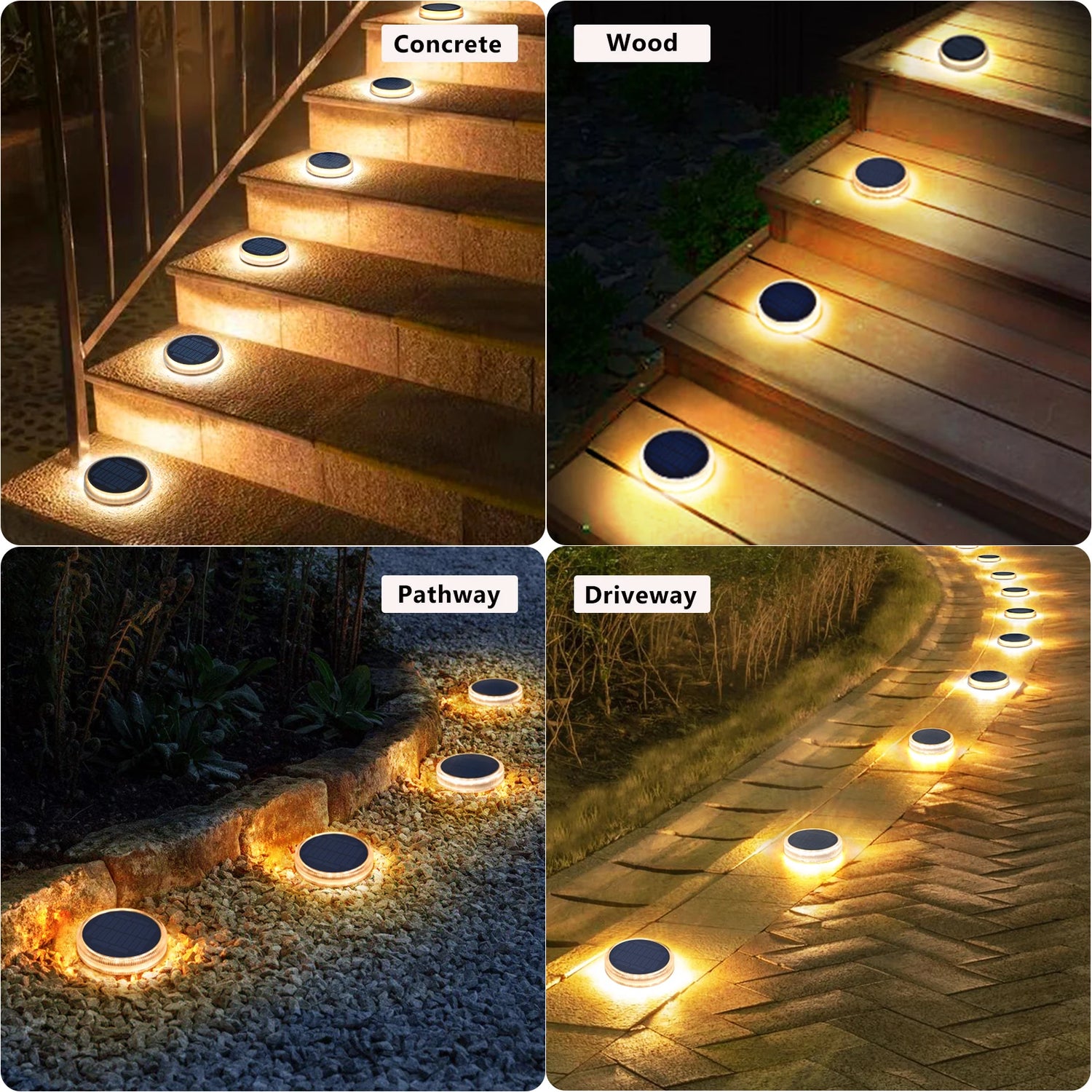 4 Pack Solar Ground Step Lights Waterproof IP68  Auto On/OFF Led Solar Light for Railing Stairs Yard Patio Pathway Driveway Lamp