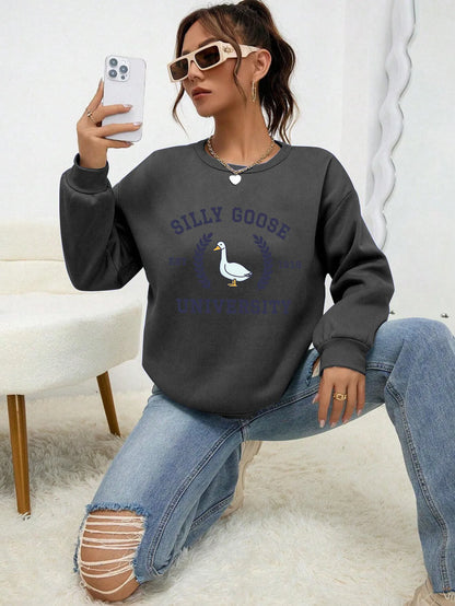 Silly Goose University Est 1918 Printde Woman Sweatshirt Casual Soft Clothing Loose Trendy Pullovers Autumn Crewneck Tops