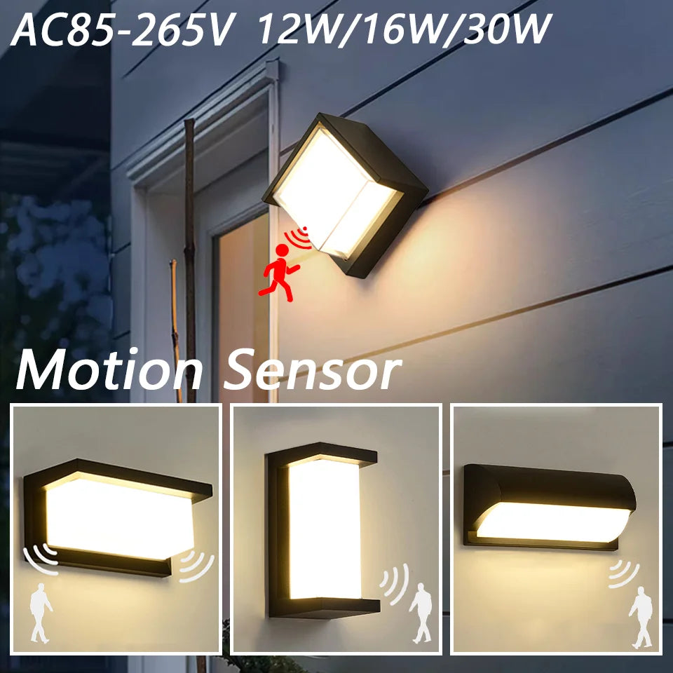 LED Wall Light Motion Sensor light AC85-265V 30W 16W 12W Waterproof Surface Mounted Indoor Wall Lamps Living Room Porch Outdoor