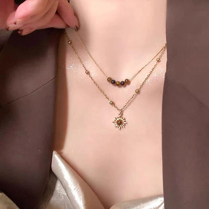 Fashion Brown Natural Stone Pendant Necklace Aesthetic Jewelry Golden Metal Chain Double-layer Necklace for Women Girls Gift