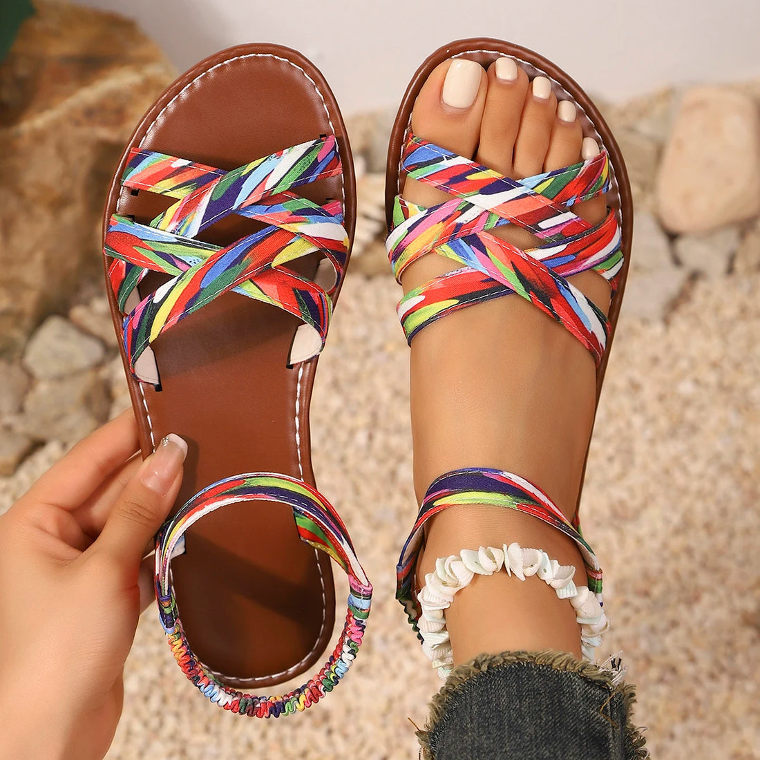 Summer 2025 New Women Sandals Non Slip Rubber Soles Fashion Shoes for Women Flat Bottom Roman Strap Sandals Sandalias De Mujer
