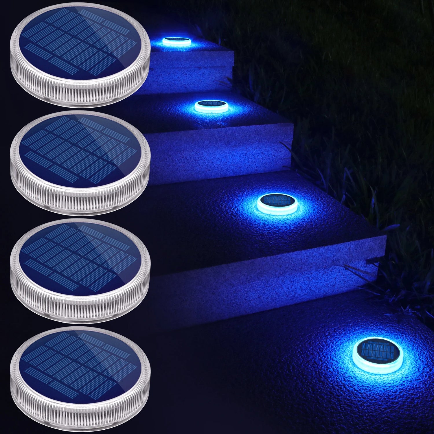 4 Pack Solar Ground Step Lights Waterproof IP68  Auto On/OFF Led Solar Light for Railing Stairs Yard Patio Pathway Driveway Lamp