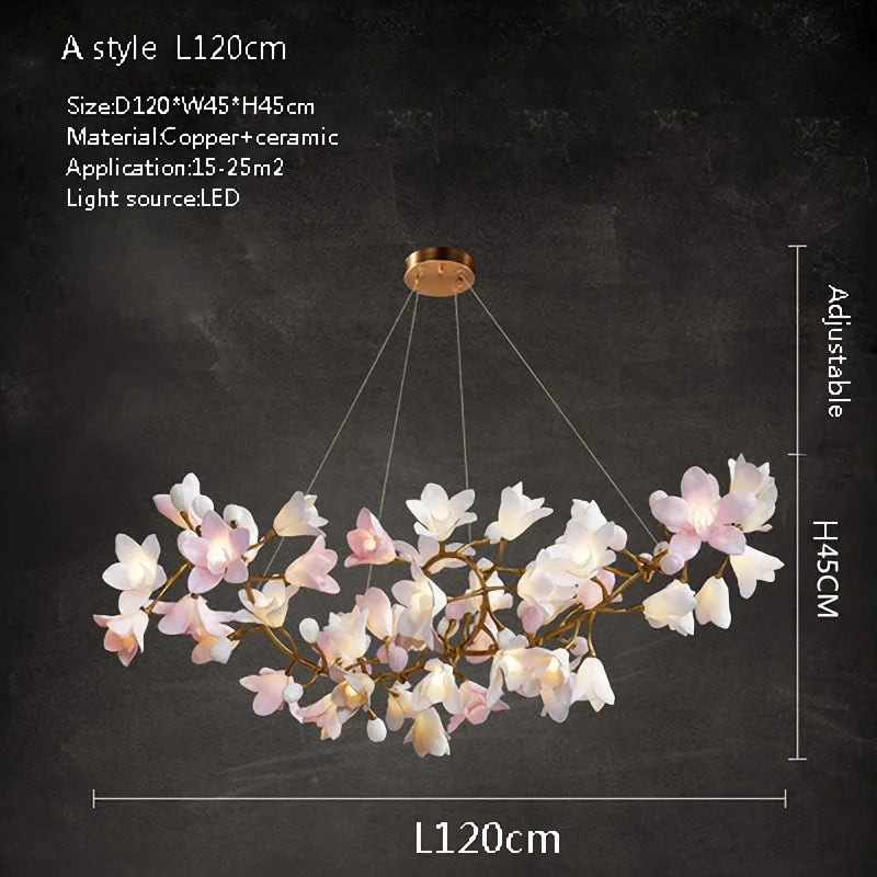 French Pink Flower Pendant Chandelier For Living Room Kitchen Island Copper Iron Branches Round Flower Pendant Light Fixture