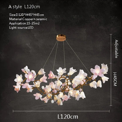 French Pink Flower Pendant Chandelier For Living Room Kitchen Island Copper Iron Branches Round Flower Pendant Light Fixture