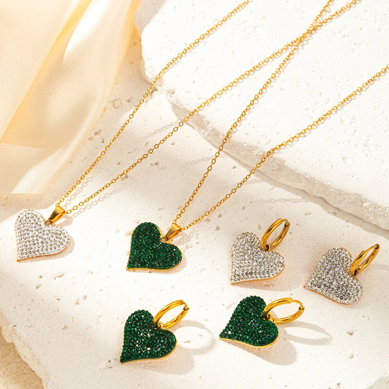 ANENJERY 316L Stainless Steel Green White Zircon Love Heart Necklace Earrings For Women Sparkling Jewelry Gifts Wholesale