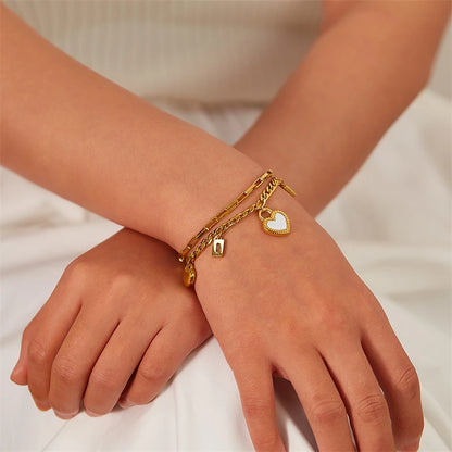 316L Stainless Steel New Fashion Fine Jewelry Black White Double-sided Seashell Zircon Heart Charm Chain Bracelets For Women