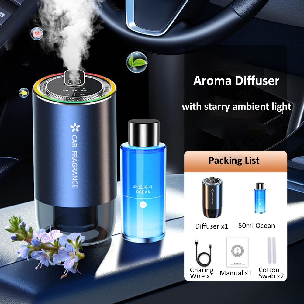 Car Aroma Diffuser with LED Starry Ambient Light 50ml Cologne Perfume Car Air Freshener Flavoring for Cars Fragrance Diffusers