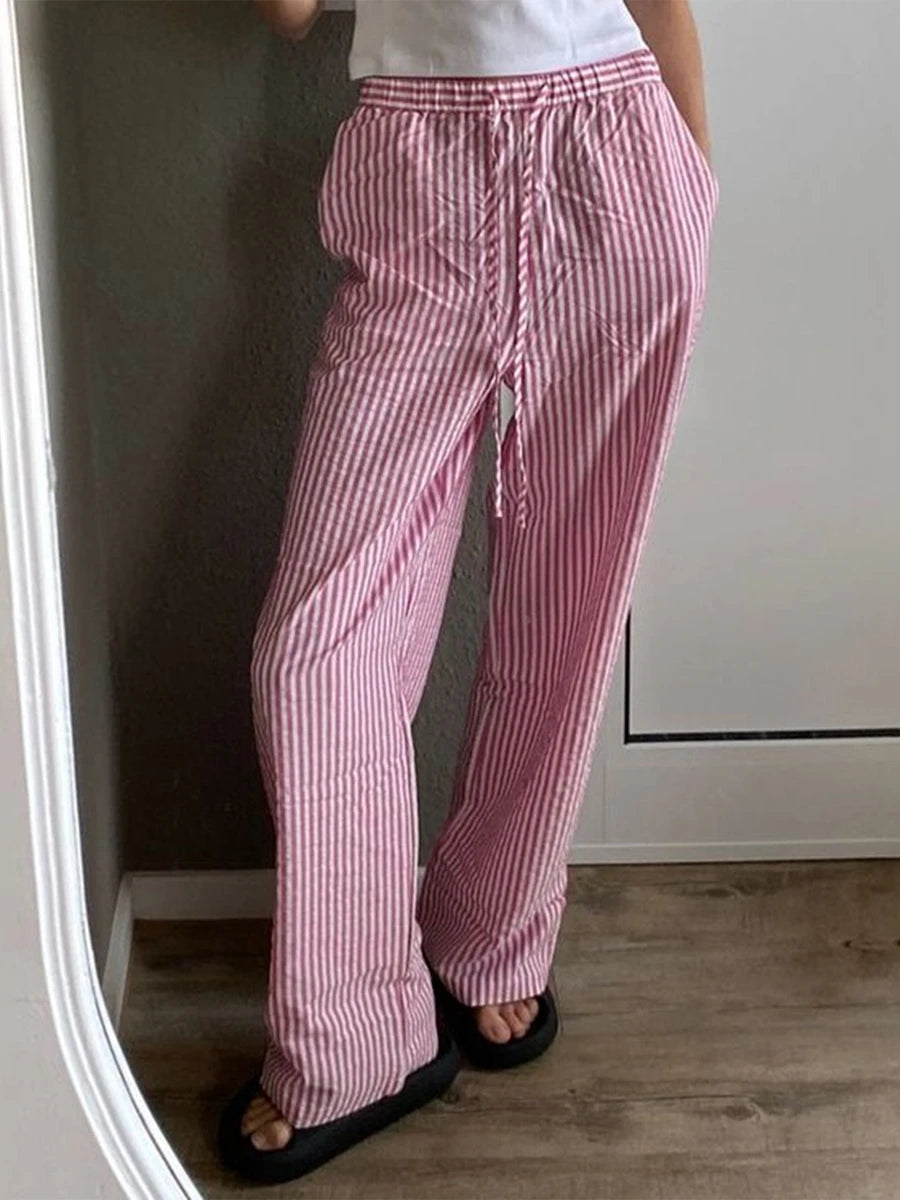 2024 New Fashion Traf Women Casual Stripe Print Pants Drawstring Elastic Waist Loose Straight Long Pants with Pockets Streetwear