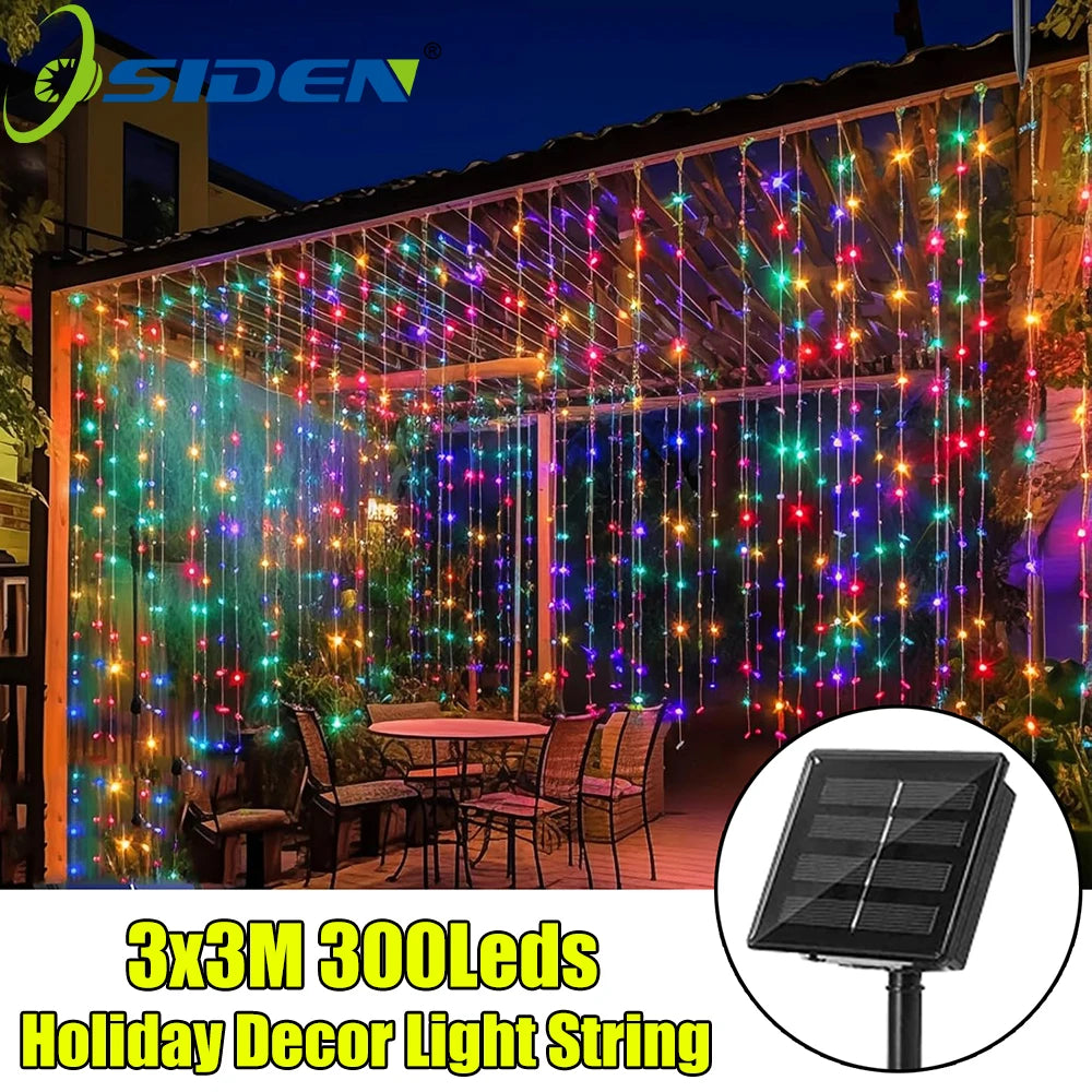 Outdoor Solar Curtain Light 3x3M 300Leds Holiday Decorations Garland 8 Modes Halloween Christmas Party Decor String Lights