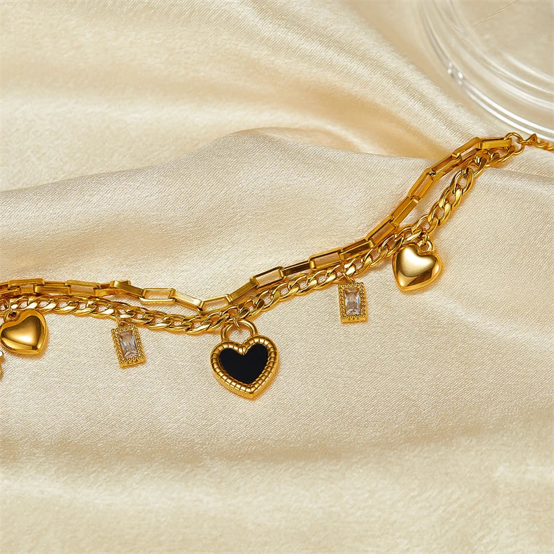 316L Stainless Steel New Fashion Fine Jewelry Black White Double-sided Seashell Zircon Heart Charm Chain Bracelets For Women