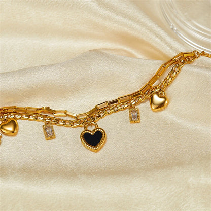 316L Stainless Steel New Fashion Fine Jewelry Black White Double-sided Seashell Zircon Heart Charm Chain Bracelets For Women