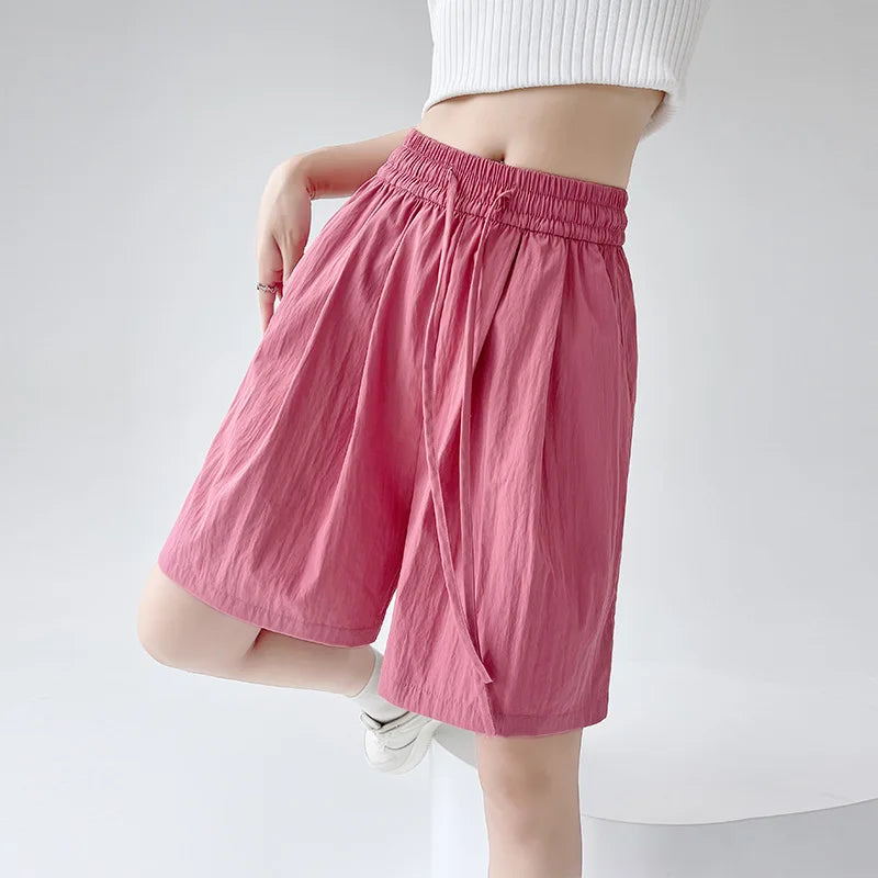 Summer Women Shorts Casual Solid Two Pockets Elastic Waist Shorts high Waist Loose Shorts For Girls Soft Female Beach Shorts