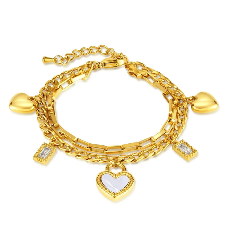 316L Stainless Steel New Fashion Fine Jewelry Black White Double-sided Seashell Zircon Heart Charm Chain Bracelets For Women