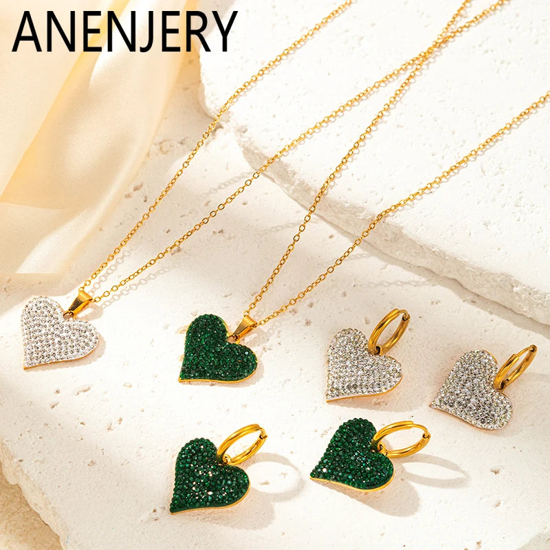 ANENJERY 316L Stainless Steel Green White Zircon Love Heart Necklace Earrings For Women Sparkling Jewelry Gifts Wholesale