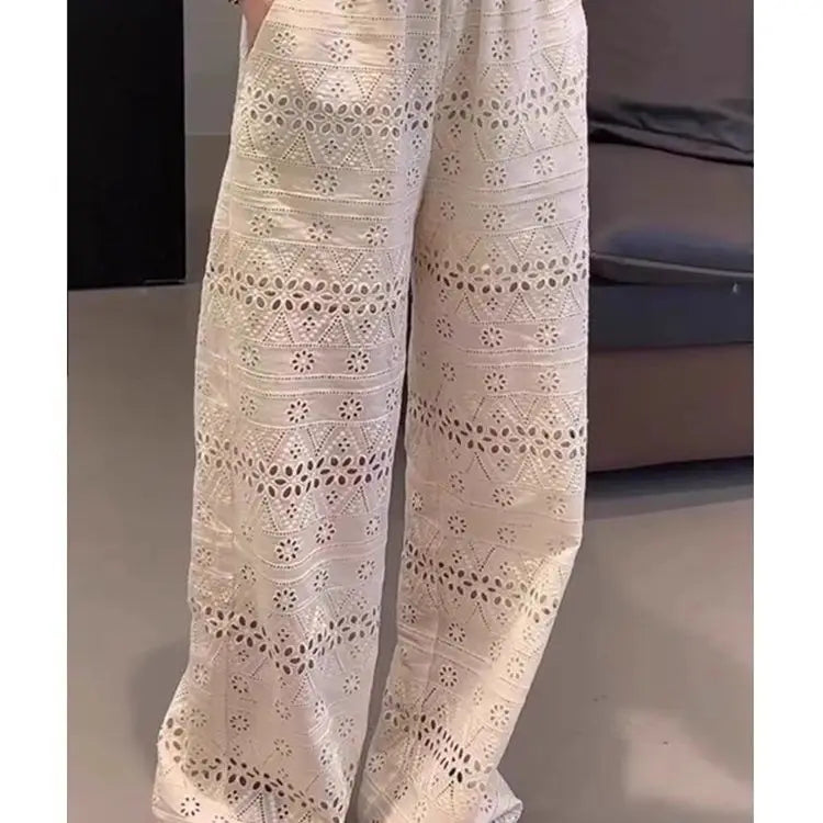 Summer Thin High-waisted Lace Hollow Floor-length Wide-leg Pants for Women, Loose Casual Straight-leg Pants