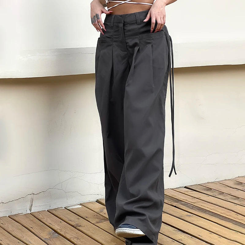 Shirring Casual Wide Leg Pants Women High Waist Street Basic Loose Sweat Trousers Korean Retro Gray Office Y2K Lady Pants