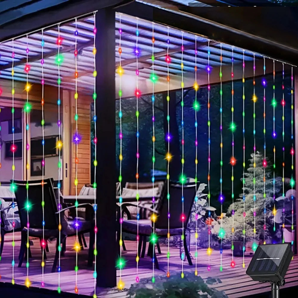 Outdoor Solar Curtain Light 3x3M 300Leds Holiday Decorations Garland 8 Modes Halloween Christmas Party Decor String Lights