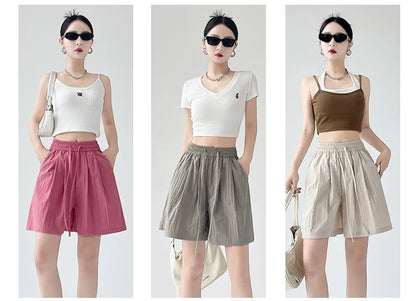 Summer Women Shorts Casual Solid Two Pockets Elastic Waist Shorts high Waist Loose Shorts For Girls Soft Female Beach Shorts