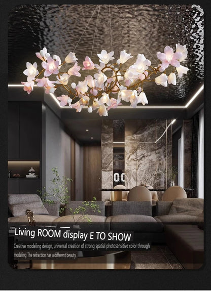French Pink Flower Pendant Chandelier For Living Room Kitchen Island Copper Iron Branches Round Flower Pendant Light Fixture