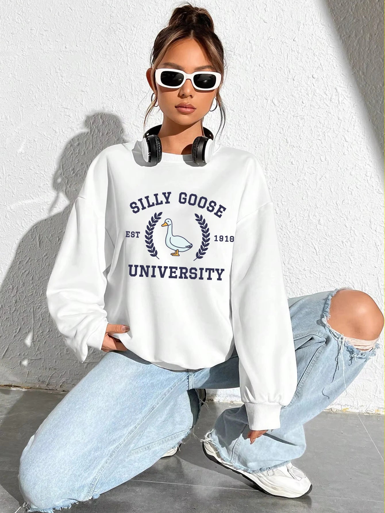 Silly Goose University Est 1918 Printde Woman Sweatshirt Casual Soft Clothing Loose Trendy Pullovers Autumn Crewneck Tops