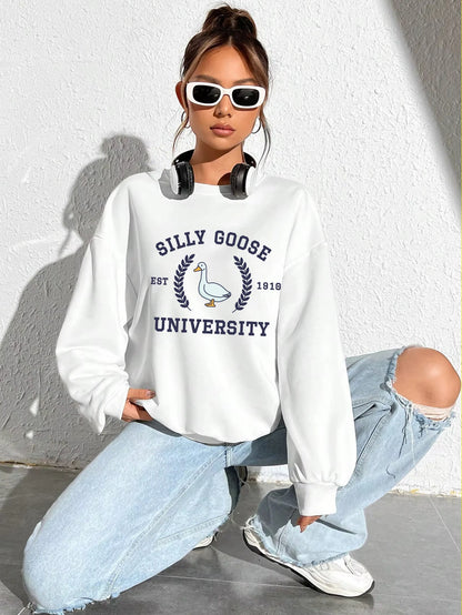 Silly Goose University Est 1918 Printde Woman Sweatshirt Casual Soft Clothing Loose Trendy Pullovers Autumn Crewneck Tops