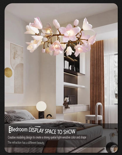 French Pink Flower Pendant Chandelier For Living Room Kitchen Island Copper Iron Branches Round Flower Pendant Light Fixture
