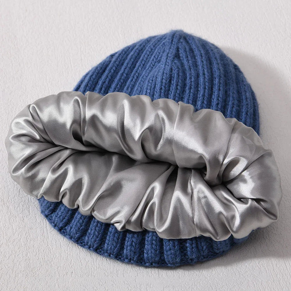 Winter Silk Satin Lined Beanie Hats Women Men Unisex Thick Chunky Cap Striped Warm Soft High Quality Cashmere Knitted Beanie Hat