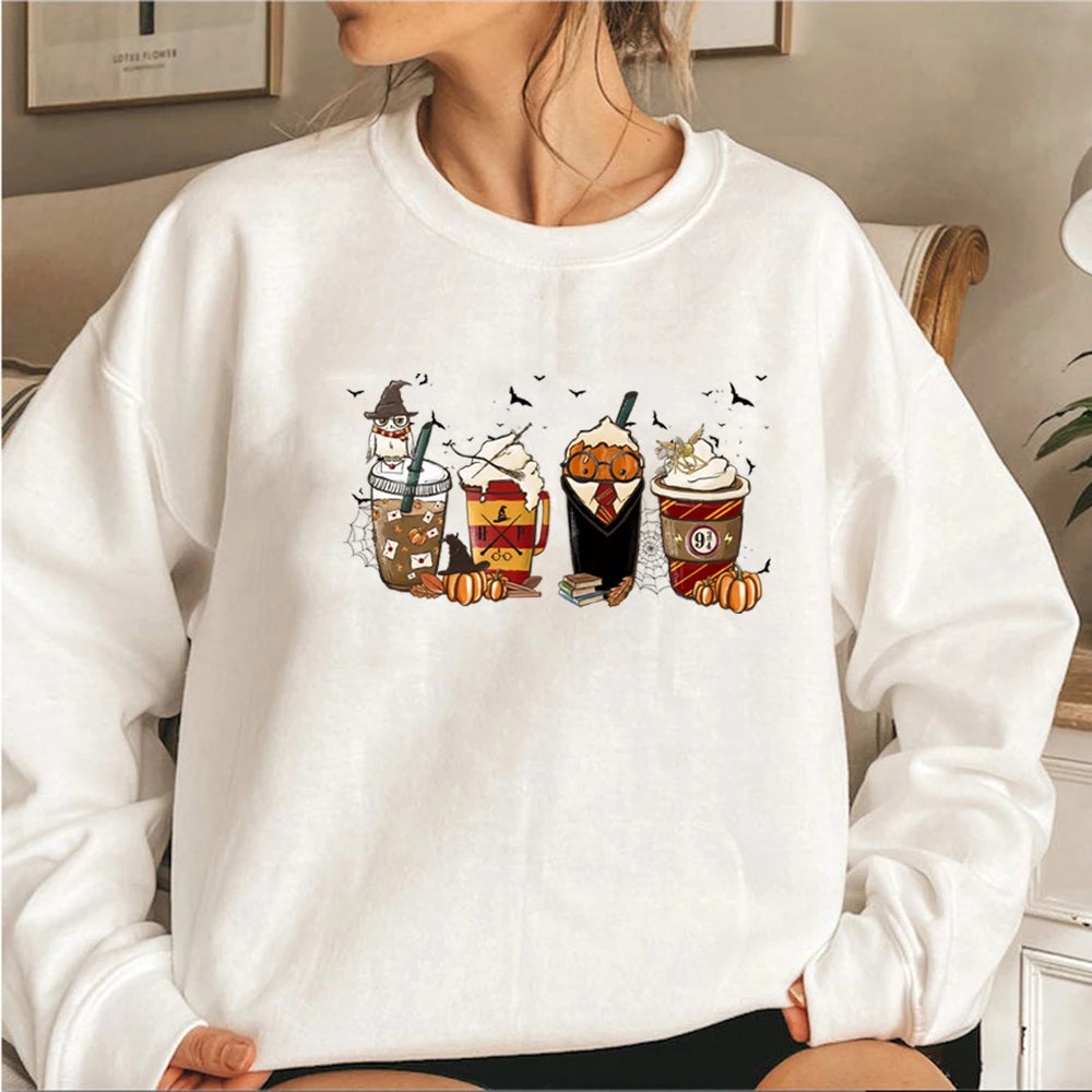 Latte Coffee Halloween Witch School Sweatshirt Fall Coffee Pumpkin Hoodies Retro Halloween Sweatshirt Vintage Halloween Gift Top