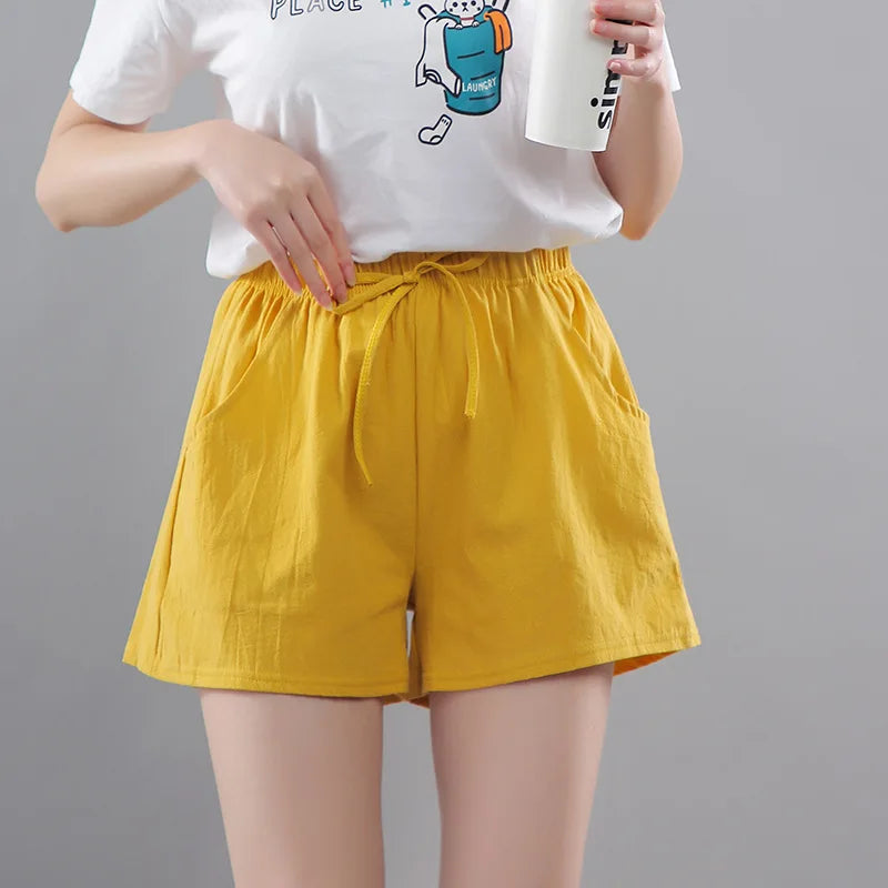 Women Shorts Summer 2025 Korean Wide Leg Casual Solid Drawstring Elastic Waist Shorts Girls Cotton Women&