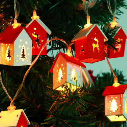 Christmas Wooden House LED String Light Xmas Tree Garland Home Fairy Lamp Merry Christmas Hanging Ornament 2025New Year Gift Noe
