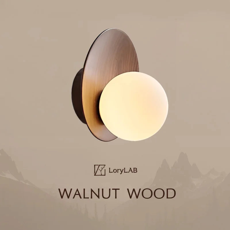 Walnut Wood Glass Sphere Arc Moon, Modern Simple WabiSabi Vintage, Wall Sconce Light for Living, Bedroom Bedside, Study, Hallway