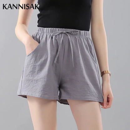 Women Shorts Summer 2025 Korean Wide Leg Casual Solid Drawstring Elastic Waist Shorts Girls Cotton Women&