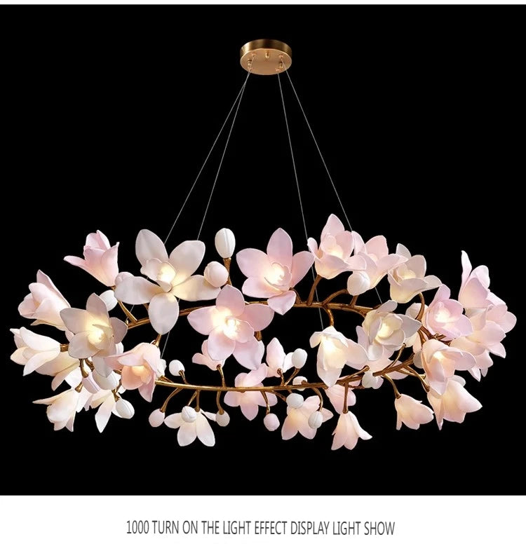 French Pink Flower Pendant Chandelier For Living Room Kitchen Island Copper Iron Branches Round Flower Pendant Light Fixture
