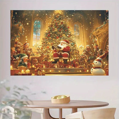 Christmas themed background, including Santa Claus, deer, holiday tree, and candles