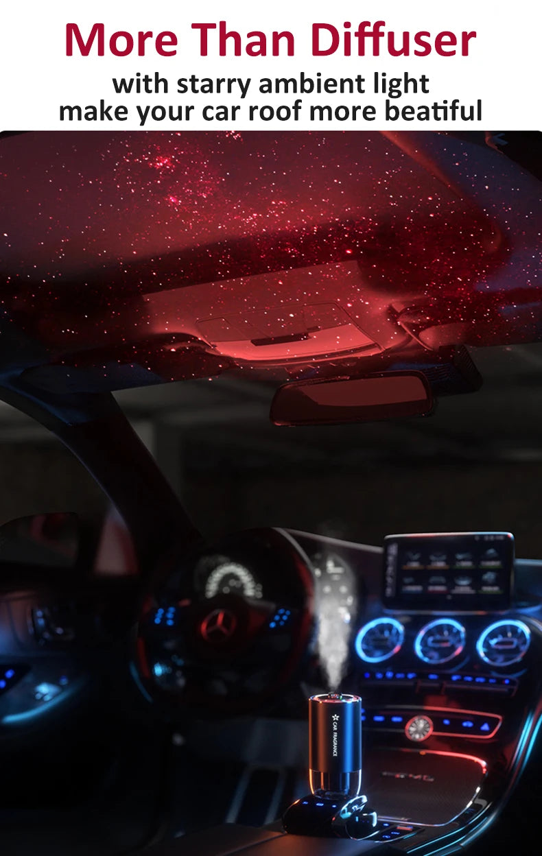 Car Aroma Diffuser with LED Starry Ambient Light 50ml Cologne Perfume Car Air Freshener Flavoring for Cars Fragrance Diffusers