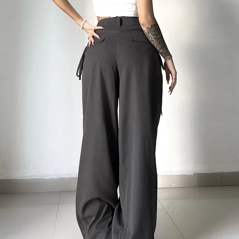 Shirring Casual Wide Leg Pants Women High Waist Street Basic Loose Sweat Trousers Korean Retro Gray Office Y2K Lady Pants