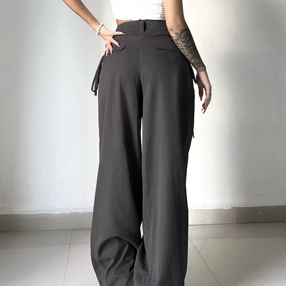 Shirring Casual Wide Leg Pants Women High Waist Street Basic Loose Sweat Trousers Korean Retro Gray Office Y2K Lady Pants