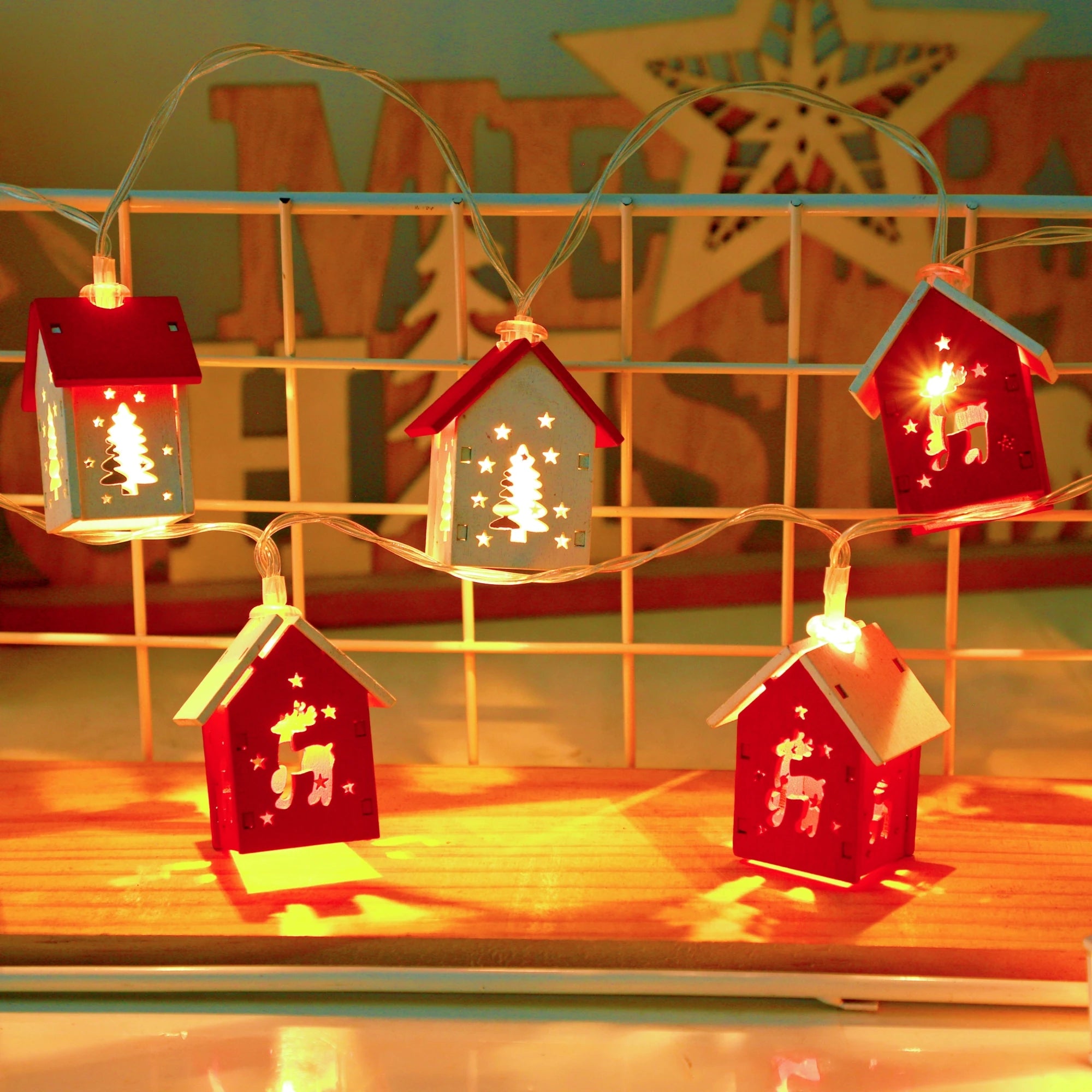 Christmas Wooden House LED String Light Xmas Tree Garland Home Fairy Lamp Merry Christmas Hanging Ornament 2025New Year Gift Noe