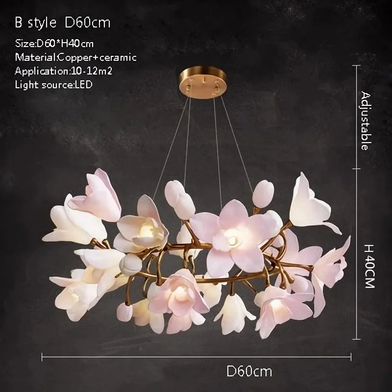 French Pink Flower Pendant Chandelier For Living Room Kitchen Island Copper Iron Branches Round Flower Pendant Light Fixture
