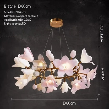 French Pink Flower Pendant Chandelier For Living Room Kitchen Island Copper Iron Branches Round Flower Pendant Light Fixture