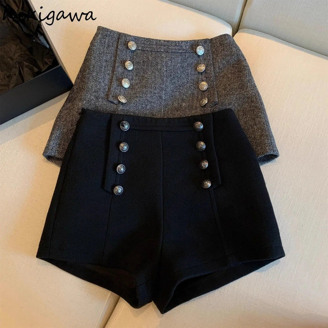 Vintage Woolen Shorts for Women High Waist Double-breasted Pants 2025 New Bottoms Temperament Thicked Pantalones Cortos De Mujer