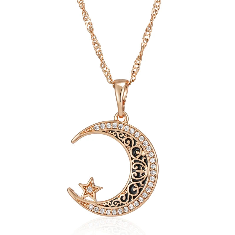 Kinel Trend Black Enamel Stars Moon Pendant Necklace for Women 585 Rose Gold Color With Natural Zircon Fine Daily Ethnic Jewelry