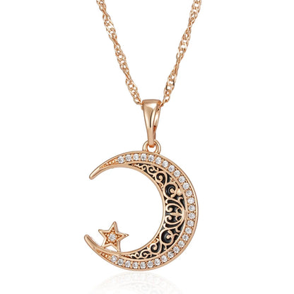 Kinel Trend Black Enamel Stars Moon Pendant Necklace for Women 585 Rose Gold Color With Natural Zircon Fine Daily Ethnic Jewelry