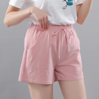 Women Shorts Summer 2025 Korean Wide Leg Casual Solid Drawstring Elastic Waist Shorts Girls Cotton Women&