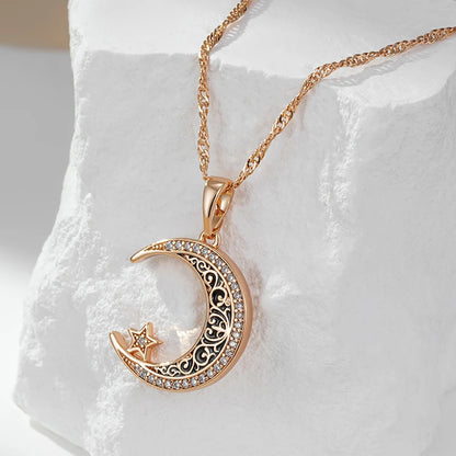 Kinel Trend Black Enamel Stars Moon Pendant Necklace for Women 585 Rose Gold Color With Natural Zircon Fine Daily Ethnic Jewelry