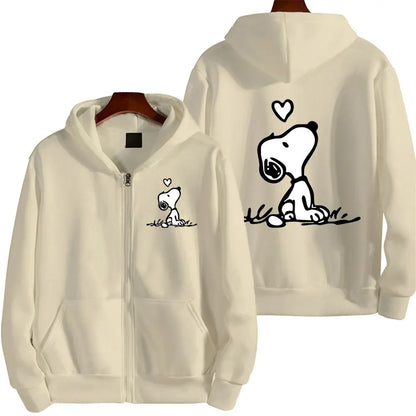 Snoopy Women Zip Up Hoodie Cartoon Anime Spring Autumn Men Oversized Sweatshirt 2024 New Fashion Khaki Couple Jackets Coats