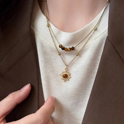Fashion Brown Natural Stone Pendant Necklace Aesthetic Jewelry Golden Metal Chain Double-layer Necklace for Women Girls Gift