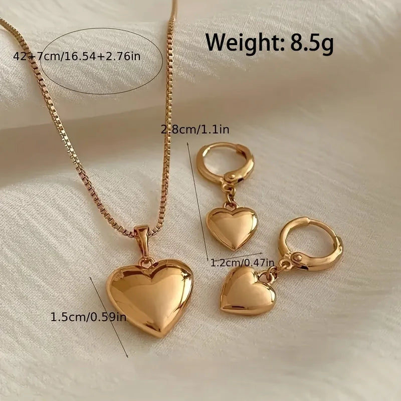 Vintage Simple Heart Shaped Pendant Necklace Earring Set Elegant Charm Smooth Metal Hoop Earrings Women&